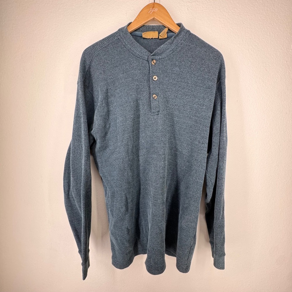 Vintage Mens Long Sleeve Waffle Knit Thermal Henley Shirt Size Large Button Blue